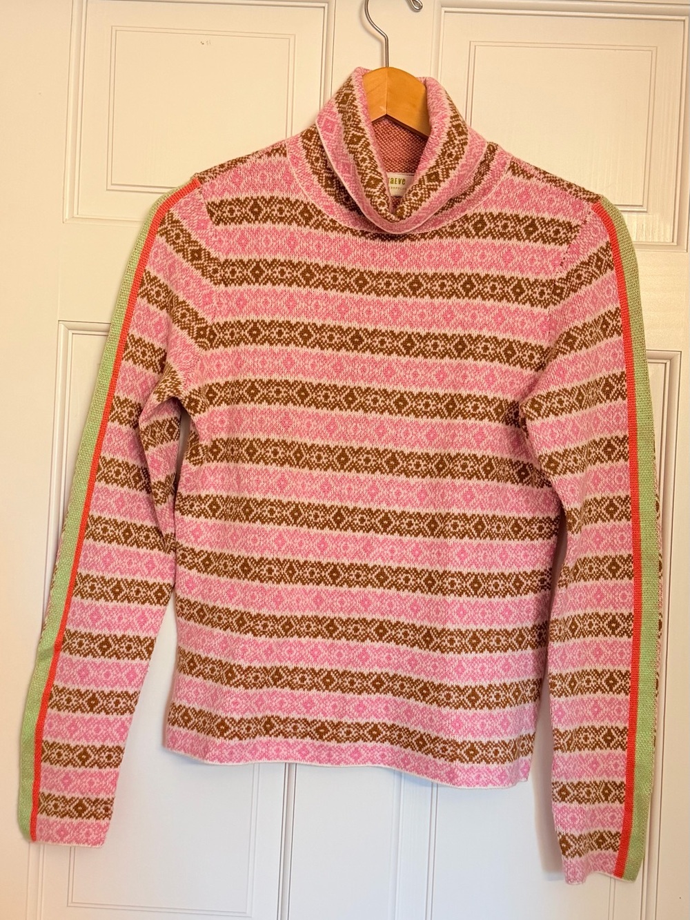 Maeve Pink, Brown & Green Striped Cowl Turtleneck Sweater